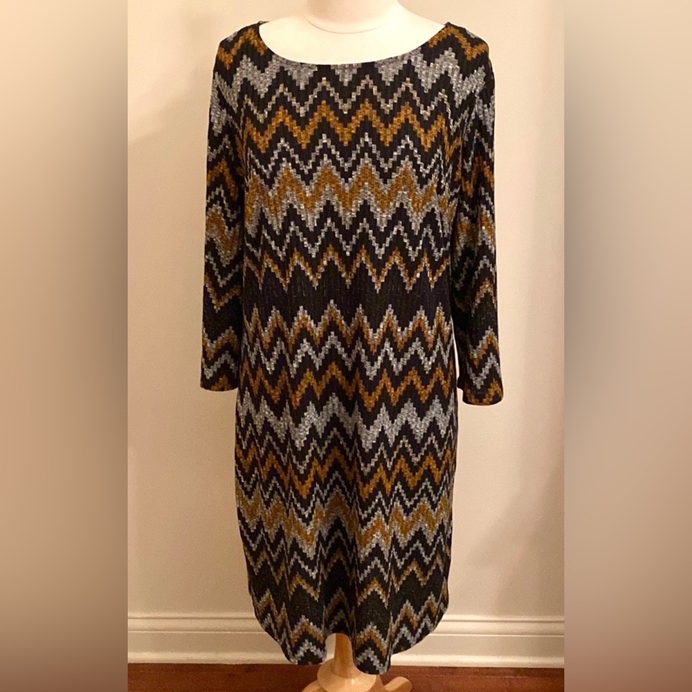 Tacera Black Orange Grey Chevron Print SZ 1X Retro Contemporary Mod Casual Dress